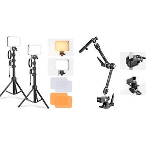 NEEWER BP66 Basic LED Video Light Panel Lighting Kit, 2 Pack Bi Color Dimmable Portable Studio Lights, 3200K~5600K 750lux for Photography Recording Live Streaming, UA018 21" Magic Arm Kit Included