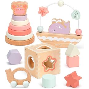 4-in-1 Toddler Toys for 1 Year Old, Wooden Stacking Rings Tower, Shape Sorter Box, Bead Maze, Wood Baby Push Car, Wooden Stacking Toys for Boys Girls 12m+