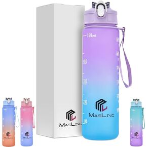 Motivational Water Bottle | 25oz Leakproof BPA-Free Tritan Bottle With Time Marker, Removable Straw, Wide Mouth, Fast Flow, & Cleaning Brush for Gym, Office, and Outdoor Use