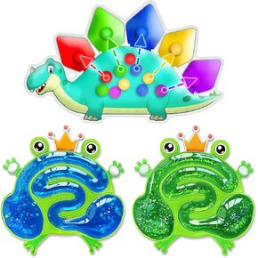 Dinosaur Color Sorting Sensory Toys & 2PC Squishy Glitter Leap Frog Toys, Montessori Toys for Toddler Activities Fine Motor Skill Game Travel Toy