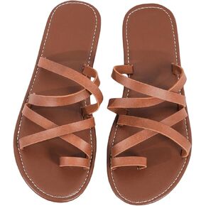GORGLITTER Women's Leather Toe Ring Strappy Sandals Dressy Cute Crossed Slip on Slides Summer Beach Flat Sandals