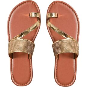 SweatyRocks Women's Metallic Toe Ring Flat Sandals Rhinestone Single Band Outdoor Flip Flops