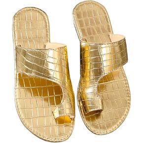 Women's Metallic Crocodile Embossed Flat Sandals Toe Ring Open Toe Slide Sandals