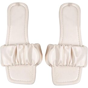 GORGLITTER Women's Ruched Flat Sandals Square Toe Dressy Slide Sandals White 10.5