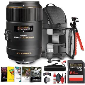 Sigma 105mm f/2.8 ex DG OS HSM Macro Lens for Nikon F Bundle تشمل: حقيبة ظهر ، فلاش ، بطاقة الذاكرة ، محفظة البطاقة ، ترايبود 12 بوصة ، مجموعة تنظيف ، فرشاة منفاخ ، قلم العدسة ، حزام الرقبة + المزيد