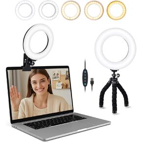 5.3 in Ring Light for Computer, Clip On Laptop Light for Video Conferencing, Meetings, Bracket Accessories, Adjustable Color and Brightness LED Light for Improved Lighting, Selfie, and Streaming