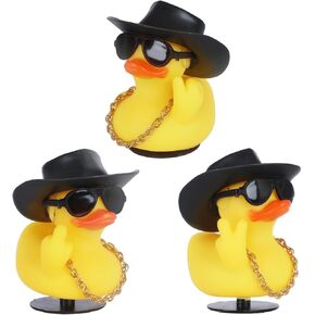 3Pcs Jeep Ducks with 3 Gesture, Cow-boy Rubber Ducks with Sunglasses Necklace for Car Dashboard Decoration Kids Baby Bath Pool Toys Home Ornament Creative Gifts