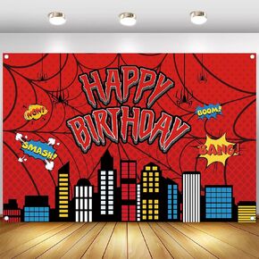 5x3ft Red Spider Web Birthday Party Backdrop Bday Photography for Baby Shower Boy Girls Happy Birthday Party Decorations Photo Booth Banner