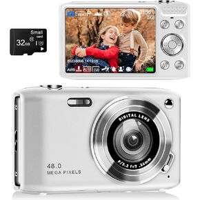 48MP Point and Shoot Digital Camera with Macro Mode, 4K HD Compact Digital Camera with Flash 16x Zoom Anti Shake 2.88 inch IPS Screen Small Digital Camera 32GB SD Card for Teens Kids Seniors, Silver