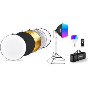 NEEWER 32"/80cm Light Reflector Light Diffuser 5 in 1 Collapsible Multi Disc - Translucent Silver Gold White Black for Studio Outdoor Photography Lighting, NK800 RGB Softbox Lighting Kit Included