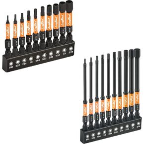 toolant Impact Hex Head Allen Wrench Drill Bit Set 10pcs (SAE), 4" Long Hex Bit Set 10pcs(SAE), 1/4" Hex-Shank S2 Steel, CNC Machined Tips with Magnetism