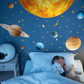 Large Outer Space Wall Decals，Solar System Outer Space Planets Peel and Stick Art Decals，Space Themed Wall Decal，for Toddler Boy Room, Astronomy Large Boy Decor.