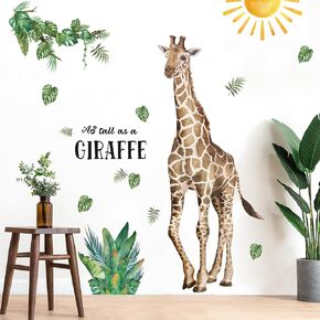 3 Sheets Cartoon Animal Large Giraffe Wall Decals Removable Tropical Plants Green Leaves Wall Stickers Tree Branch Wall Art Vinyl DIY Half Sun Peel and Stick Wallpaper for Kids Nursery Home Decoration