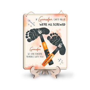 DIY Hammers Craft Plaque Baby Footprint Gift for Construction Grandpa, Mechanic Hammer Grandpa Gifts with Kids Footprint, Baby First Fathers Day Art Craft, If Grandpa Can't Fix It We're All Screwed