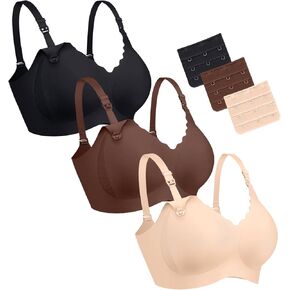Vertvie 3 Pack Nursing Bras for Breastfeeding Seamless Comfort Maternity Bra Wireless Support Pregnancy Sleep Bralette Natural Shape(Nude+Black+Coffee,XX-Large)