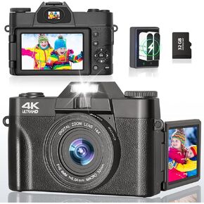 4K 56MP Digital Camera for Photography Vlogging Camera for YouTube with 180° Flip Screen, WiFi,16X Digital Zoom, 52mm Lens, 2 Batteries, 32GB Micro SD Card(Black)