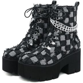 Women's Denim Burrs Lace Up Chunky Heel Platform Y2k Motorcycle Booties Fashion Chain Decor Lug Sole Comfort Combat Ankle Booties Side Zipper Round Toe Non-Slip Goth Combat Boots