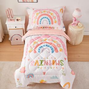 Wowelife Rainbow Toddler Bedding Sets for Girls, 4 Piece Rainbow Toddler Girl Bedding Set White Toddler Bedroom Set with Comforter, Flat Sheet, Fitted Sheet and Pillowcase, Pink