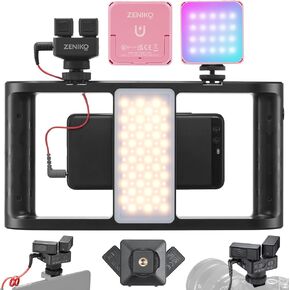 OC-D1 Stereo Dual Shotgun Video Microphone+MR11 Smartphone Video Rig with Light+VS5 R(Pink) Magnetic RGB LED Video Light for Photography, Vlog, Live Streaming