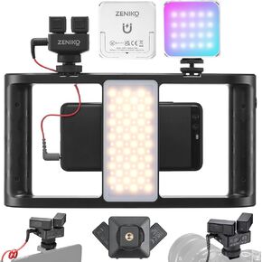 OC-D1 Stereo Dual Shotgun Video Microphone+MR11 Smartphone Video Rig with Light+VS5 R(White) Magnetic RGB LED Video Light for Photography, Vlog, Live Streaming
