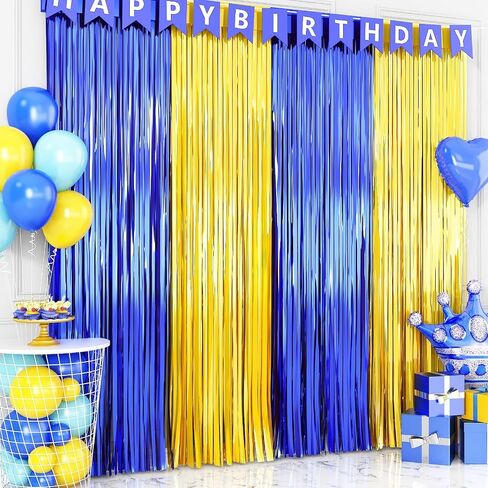 Blue and Gold Party Decorations, 2 Pack 3.3x6.6ft Royal Blue and Gold Foil Fringe Curtains Tinsel Foil Photo Booth Prop Streamer Backdrop for Graduation Prom Wedding Birthday Party Decorations in Kuwait