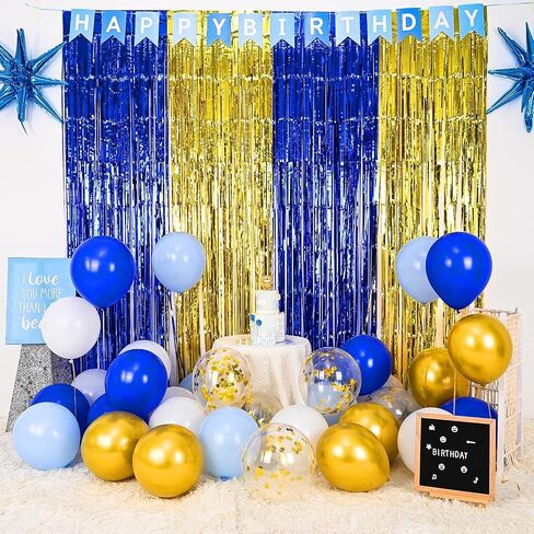 Blue and Gold Party Decorations, 2 Pack 3.3x6.6ft Royal Blue and Gold Foil Fringe Curtains Tinsel Foil Photo Booth Prop Streamer Backdrop for Graduation Prom Wedding Birthday Party Decorations in Kuwait