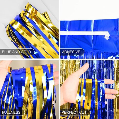 Blue and Gold Party Decorations, 2 Pack 3.3x6.6ft Royal Blue and Gold Foil Fringe Curtains Tinsel Foil Photo Booth Prop Streamer Backdrop for Graduation Prom Wedding Birthday Party Decorations in Kuwait
