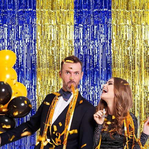Blue and Gold Party Decorations, 2 Pack 3.3x6.6ft Royal Blue and Gold Foil Fringe Curtains Tinsel Foil Photo Booth Prop Streamer Backdrop for Graduation Prom Wedding Birthday Party Decorations in Kuwait