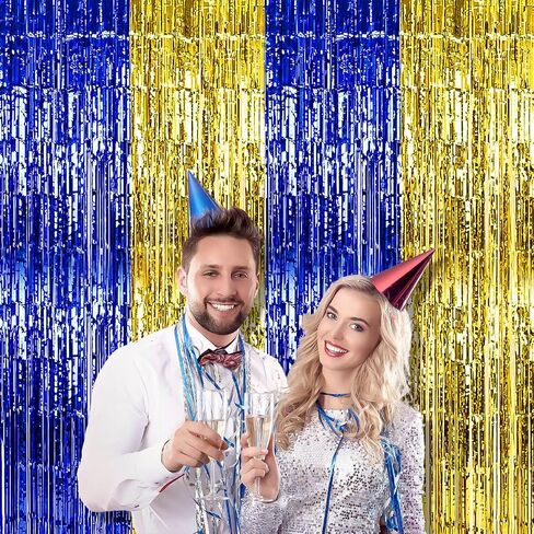Blue and Gold Party Decorations, 2 Pack 3.3x6.6ft Royal Blue and Gold Foil Fringe Curtains Tinsel Foil Photo Booth Prop Streamer Backdrop for Graduation Prom Wedding Birthday Party Decorations in Kuwait