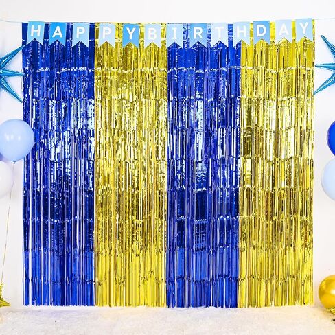 Blue and Gold Party Decorations, 2 Pack 3.3x6.6ft Royal Blue and Gold Foil Fringe Curtains Tinsel Foil Photo Booth Prop Streamer Backdrop for Graduation Prom Wedding Birthday Party Decorations in Kuwait