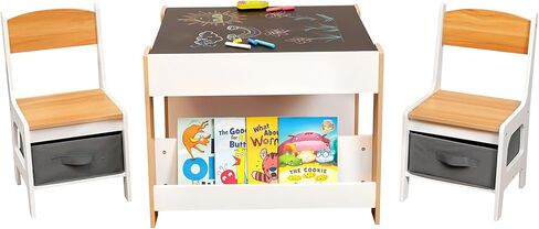 Kids Table and Chair Set (2 Chairs Included),Child Wooden Activity Furniture with Storage Bins Boxes and Book Organiser, 2 in 1 Detachable Tabletop Desk Group for Toddlers Drawing in Kuwait