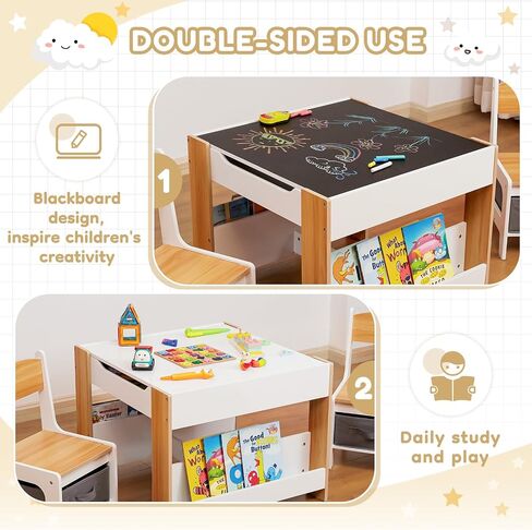 Kids Table and Chair Set (2 Chairs Included),Child Wooden Activity Furniture with Storage Bins Boxes and Book Organiser, 2 in 1 Detachable Tabletop Desk Group for Toddlers Drawing in Kuwait