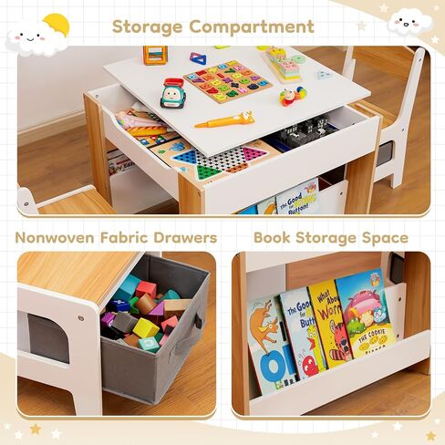 Kids Table and Chair Set (2 Chairs Included),Child Wooden Activity Furniture with Storage Bins Boxes and Book Organiser, 2 in 1 Detachable Tabletop Desk Group for Toddlers Drawing in Kuwait