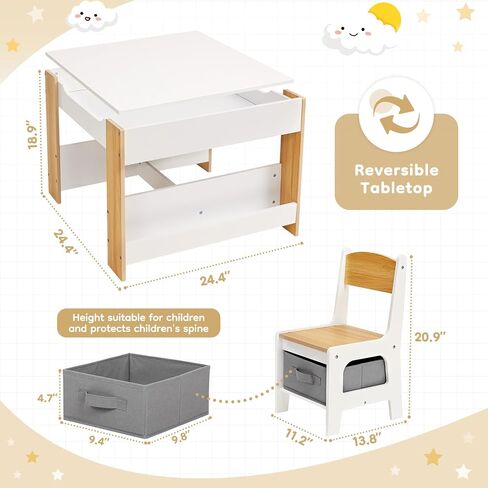 Kids Table and Chair Set (2 Chairs Included),Child Wooden Activity Furniture with Storage Bins Boxes and Book Organiser, 2 in 1 Detachable Tabletop Desk Group for Toddlers Drawing in Kuwait