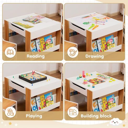 Kids Table and Chair Set (2 Chairs Included),Child Wooden Activity Furniture with Storage Bins Boxes and Book Organiser, 2 in 1 Detachable Tabletop Desk Group for Toddlers Drawing in Kuwait