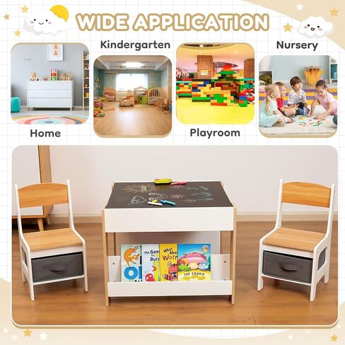 Kids Table and Chair Set (2 Chairs Included),Child Wooden Activity Furniture with Storage Bins Boxes and Book Organiser, 2 in 1 Detachable Tabletop Desk Group for Toddlers Drawing in Kuwait