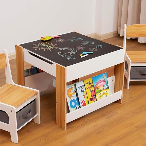Kids Table and Chair Set (2 Chairs Included),Child Wooden Activity Furniture with Storage Bins Boxes and Book Organiser, 2 in 1 Detachable Tabletop Desk Group for Toddlers Drawing in Kuwait
