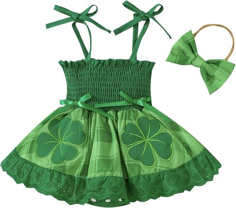 Baby Girl St Patricks Day Outfit Halter Four-leaf Clover Romper Dress First St Patricks Day Clothes in Saudi Arabia