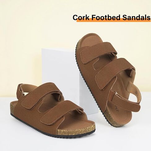 Mens Womens Cork Footbed Sandals Suede Leather Flat Sandals Arch Support Orthotic Summer Slip on Open Toe Outdoor Slide Shoes with Adjustable Double Strap & Back Strap in Kuwait