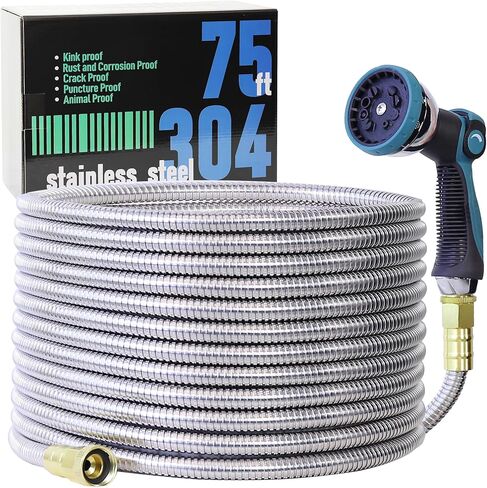 50FT 5/8'' Garden Hose, 304 Stainless Steel Water Hose, Flexible with a 10-Mode Nozzle Sprayer, No Kink, Lightweight, Puncture Proof Metal Hose, Ideal for Yard, Lawn, Outdoor in Saudi Arabia