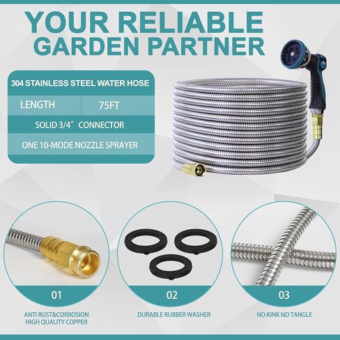 50FT 5/8'' Garden Hose, 304 Stainless Steel Water Hose, Flexible with a 10-Mode Nozzle Sprayer, No Kink, Lightweight, Puncture Proof Metal Hose, Ideal for Yard, Lawn, Outdoor in Saudi Arabia