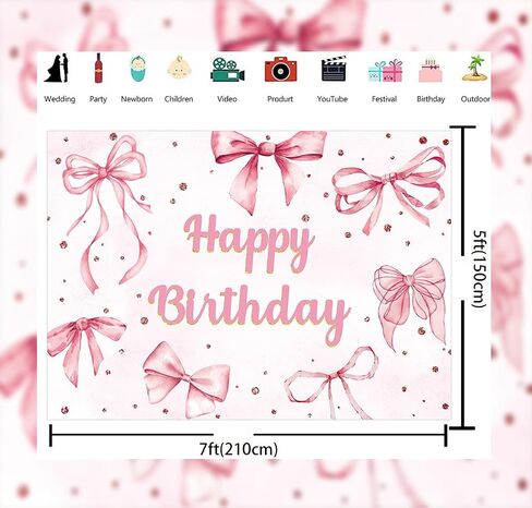 Pink Bow Happy Birthday Backdrop Coquette Birthday Party Photography Background for Girls Women Cute Bachelorette Party Baby Shower Decoration Banner (82x59 inch (7x5FT)) in Kuwait