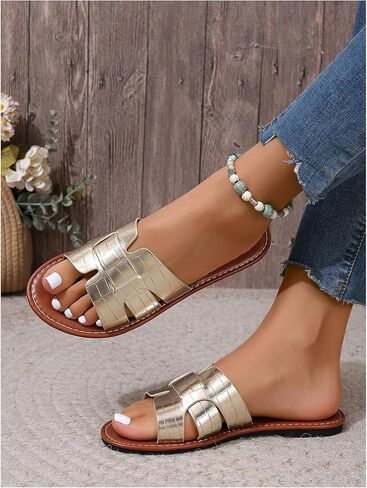 Floerns Women's Studded Cut Out Flat Sandal Open Toe Leather Slip on Beach Shoes in Saudi Arabia