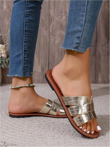 Floerns Women's Studded Cut Out Flat Sandal Open Toe Leather Slip on Beach Shoes in Saudi Arabia