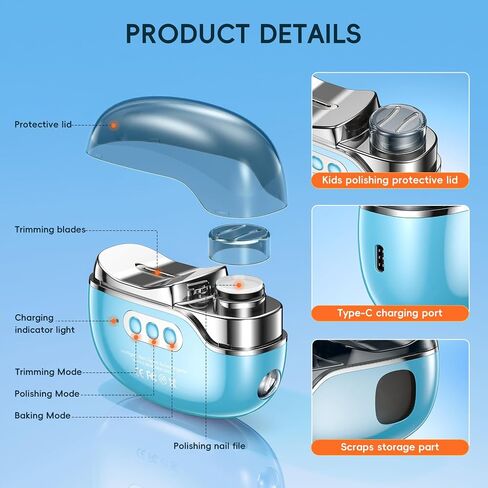 Cliper-Clipper-3 في 1 من طراز الأظافر الطفل بسرعات ضوئية و 3 سرعات ، لاعب أظافر أظافر ، وتخزين البذرة ومقطع ، ملف مسمار أوتوماتيكي قابل لإعادة الشحن للطفل ، الأطفال ، هدية للبالغين (الأزرق) in Kuwait