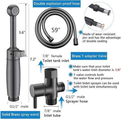 SonTiy Brass Handheld Bidet Sprayer for Toilet, All Metal Cloth Diaper Toilet Sprayer Bidet Attachment with Backflow Preventer, Adjustable Water Jet Spray, 7.2" Bidet Wand, Chrome in Kuwait
