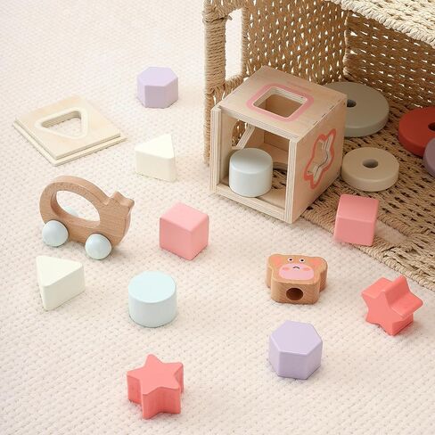 4-in-1 Toddler Toys for 1 Year Old, Wooden Stacking Rings Tower, Shape Sorter Box, Bead Maze, Wood Baby Push Car, Wooden Stacking Toys for Boys Girls 12m+ in Kuwait