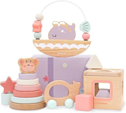 4-in-1 Toddler Toys for 1 Year Old, Wooden Stacking Rings Tower, Shape Sorter Box, Bead Maze, Wood Baby Push Car, Wooden Stacking Toys for Boys Girls 12m+ in Kuwait