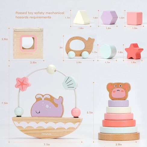 4-in-1 Toddler Toys for 1 Year Old, Wooden Stacking Rings Tower, Shape Sorter Box, Bead Maze, Wood Baby Push Car, Wooden Stacking Toys for Boys Girls 12m+ in Kuwait