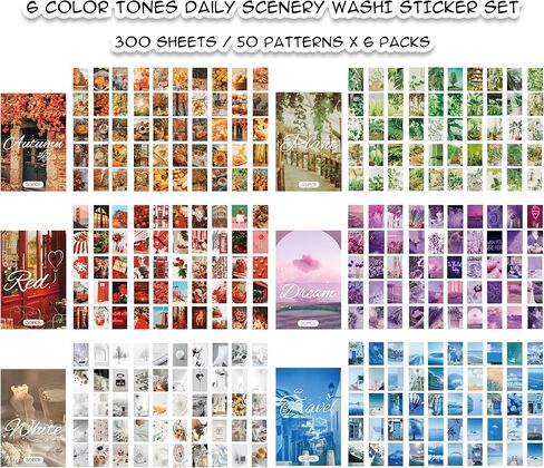 6 Sets 300 Pcs Washi Stickers Set, Daily Scenery Life Stuff Aesthetic Sticker Book for Journaling, Assorted Colors Decorative Paper Sticker Decals for Scrapbooking Junk Journal Diary Album in Kuwait